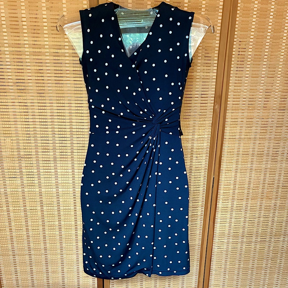 Navy and White Polka Dot Faux Wrap Dress